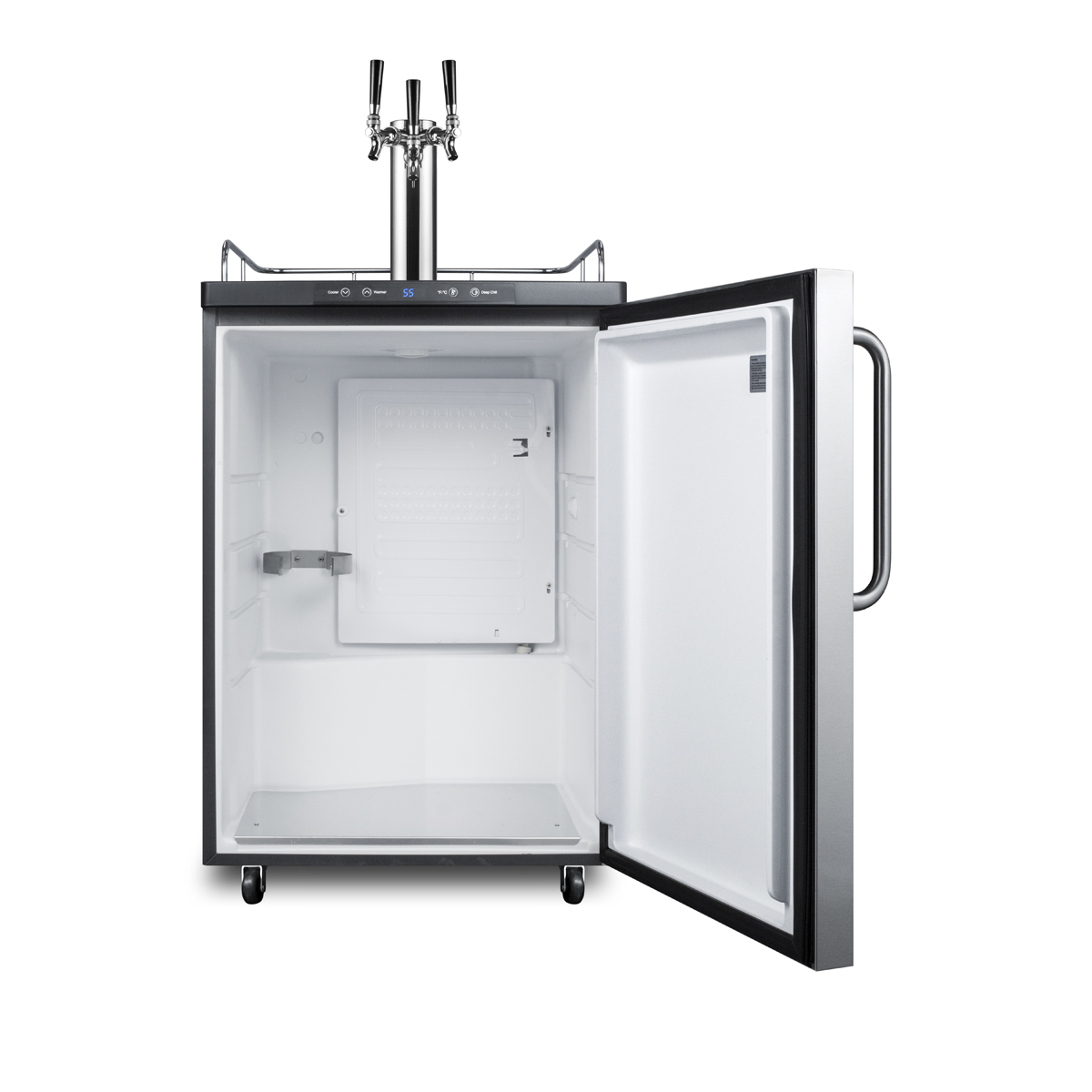 Freestanding residential beer dispenser, auto defrost with digital thermostat, stainless steel door, and triple tap system